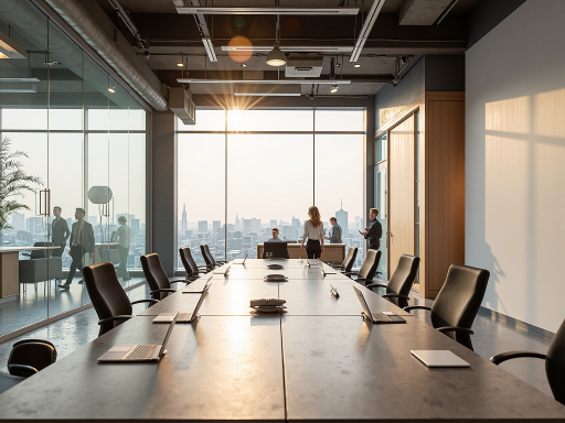 现代化办公环境，宽敞明亮的会议室，员工正在讨论项目，商务氛围浓厚