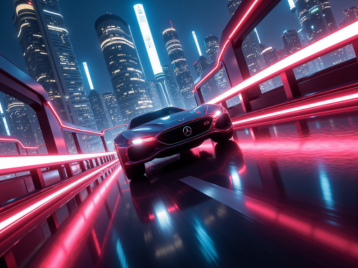 未来汽车科技概念图，智能汽车在道路上行驶，科技感背景，蓝色调